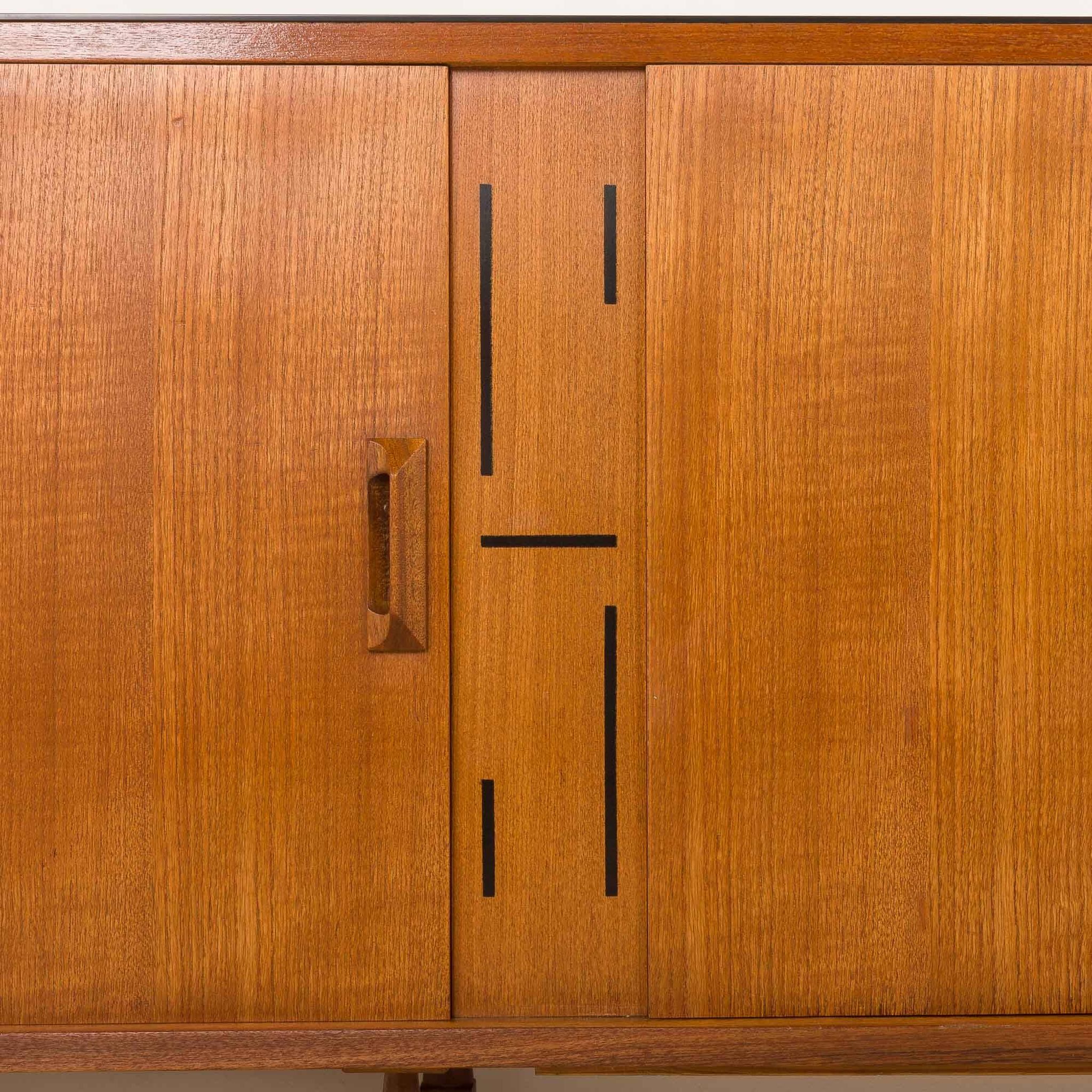 Itaian mid century teak sideboard with black glass top and inlays, 1970s