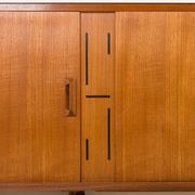 Itaian mid century teak sideboard with black glass top and inlays, 1970s