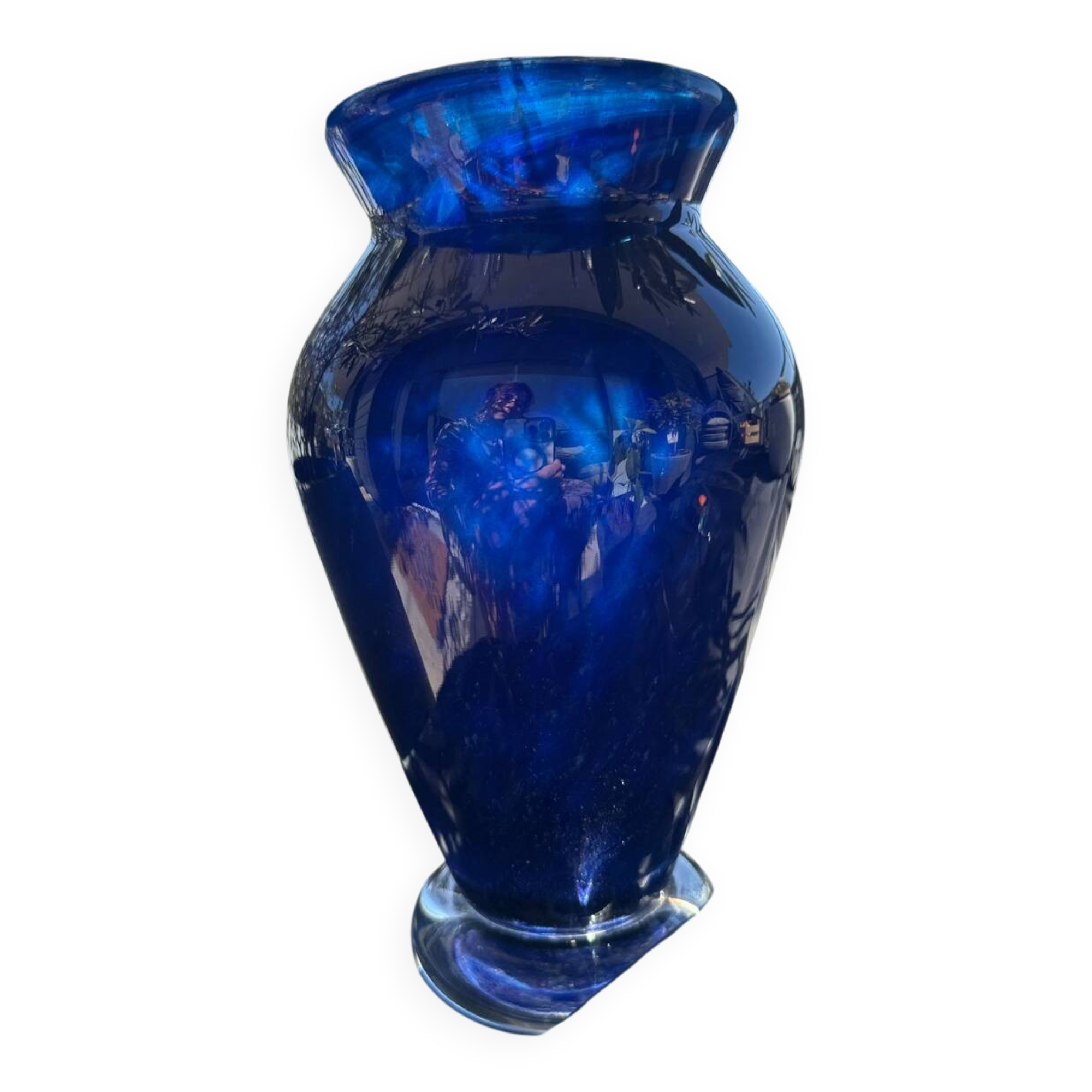 Cobalt blue glass vase, signed, glass art piece.