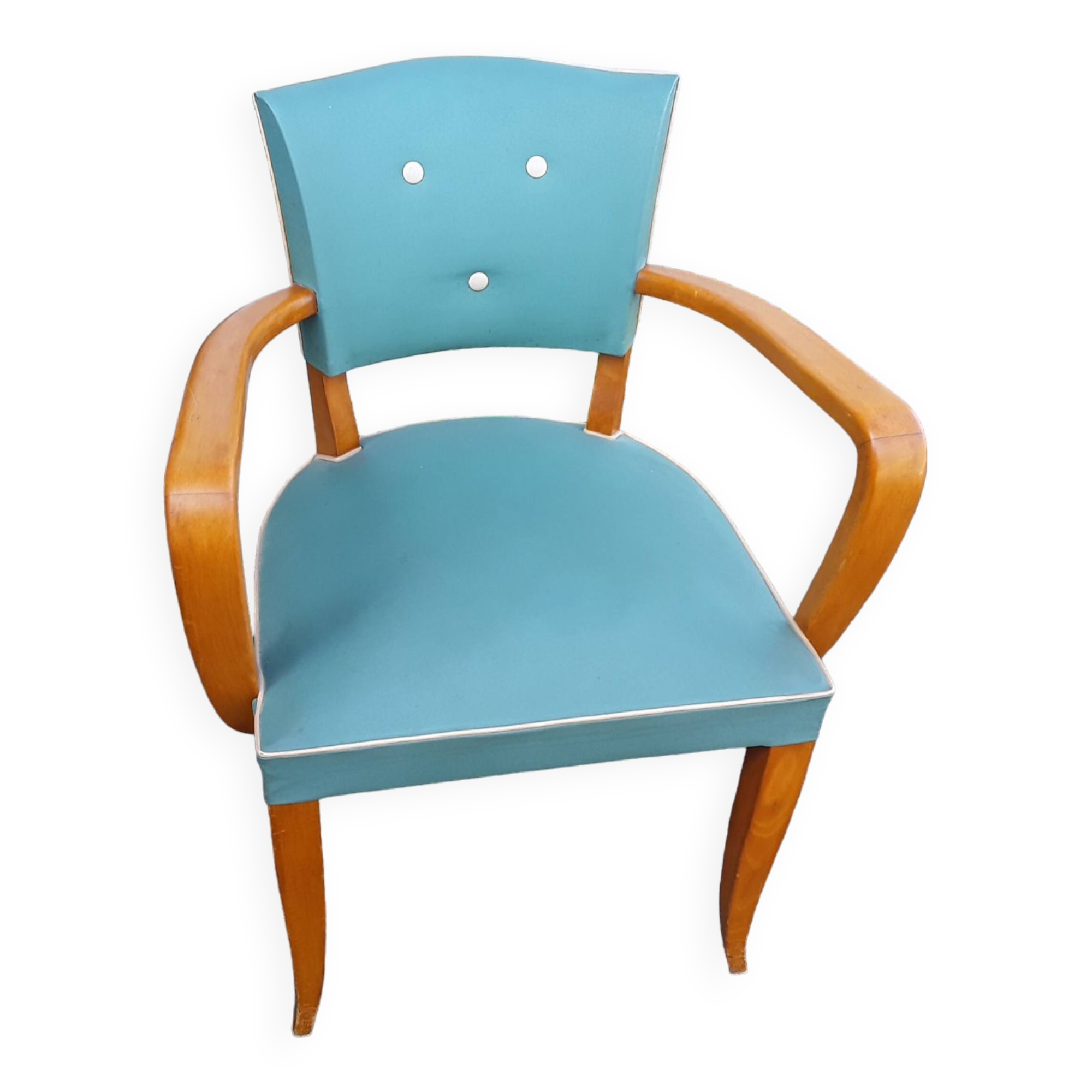 1940s bridge armchair with 3 white buttons and English green vinyl backrest