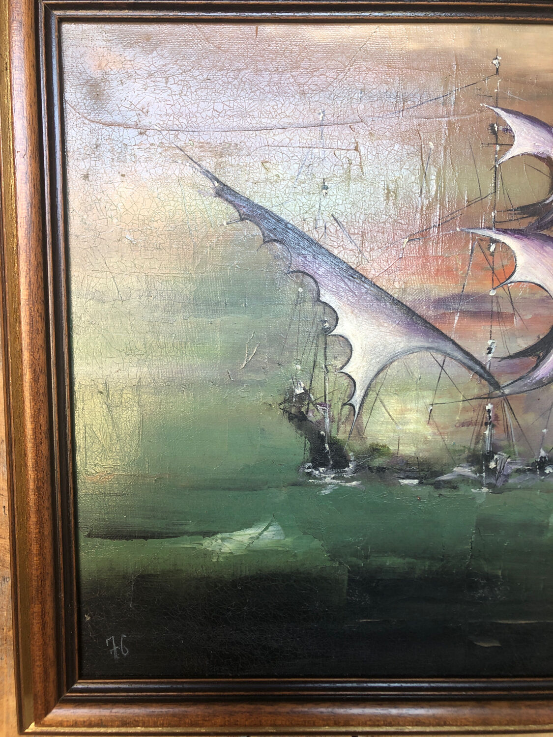 Oil painting on canvas j. peyraud view boats + wood frame #a219