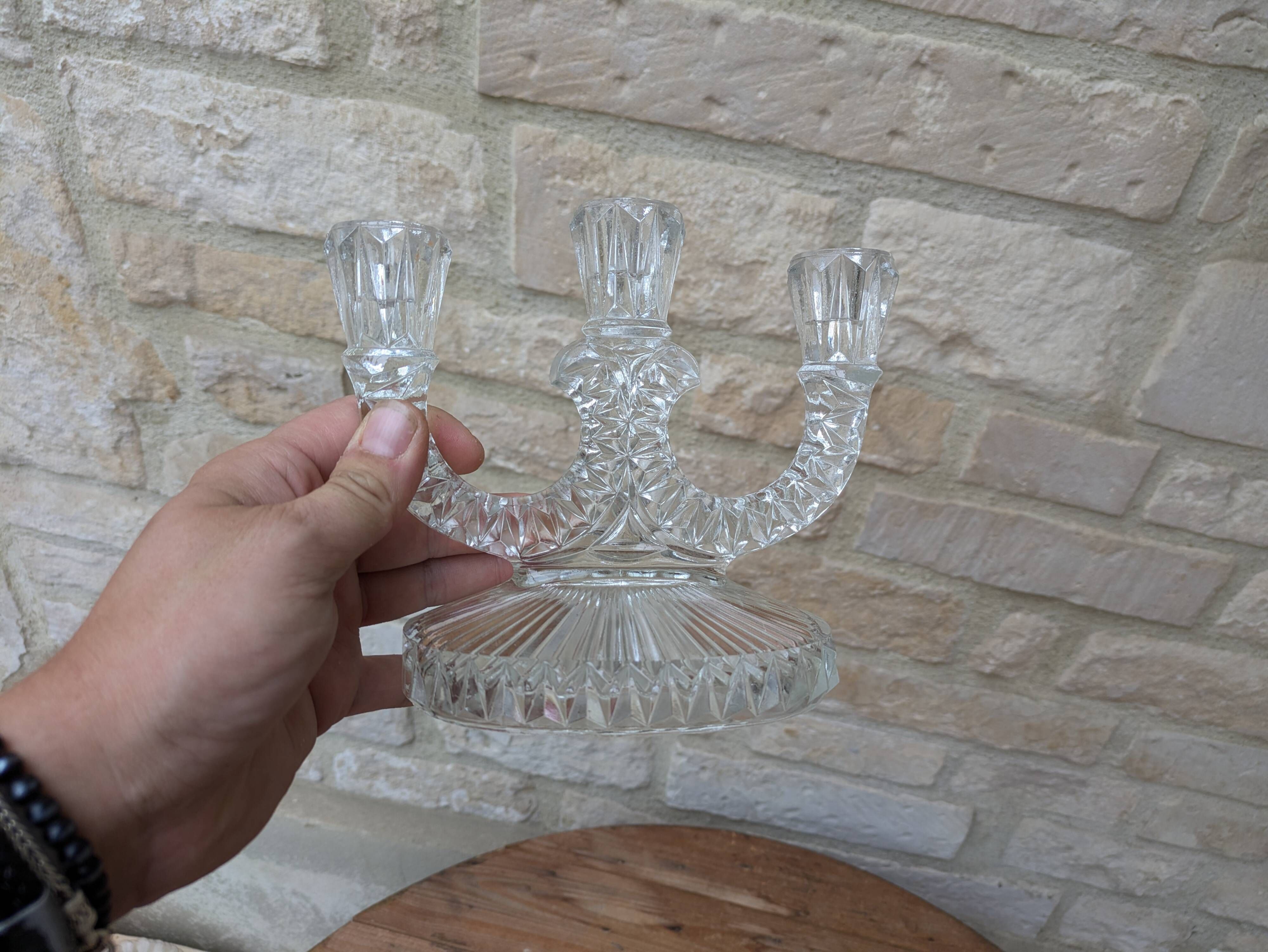 Antique molded glass candle holder for 3 taper candles