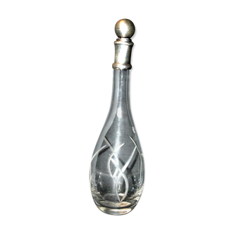 Carved crystal decanter - slender modernist shape with silver metal collar and cap