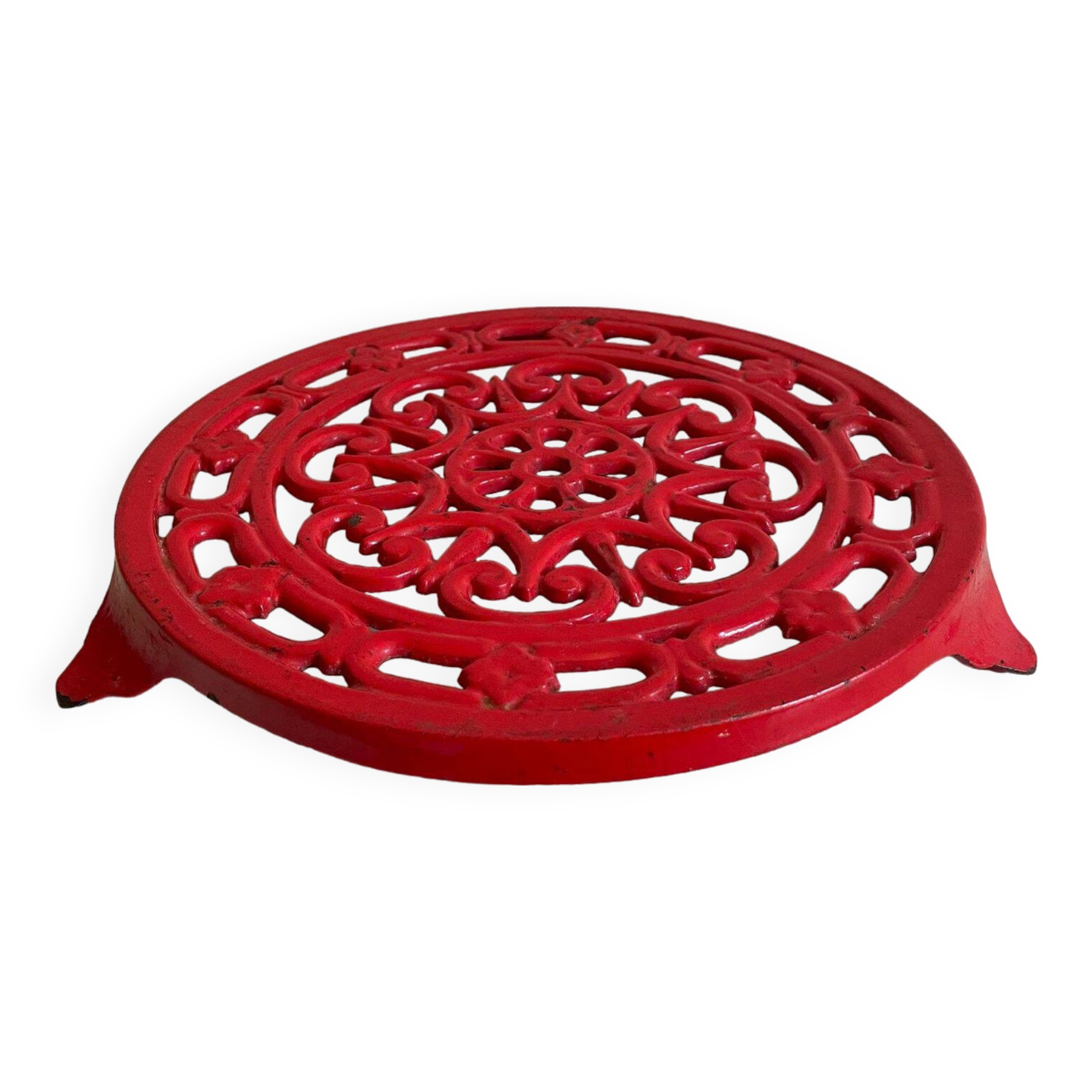 Vintage red Decotec enameled cast iron trivet