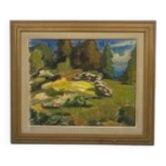Huile sur toile du milieu du siècle "Äng" par Bernhard Önstad, signée et encadrée 60x51cm