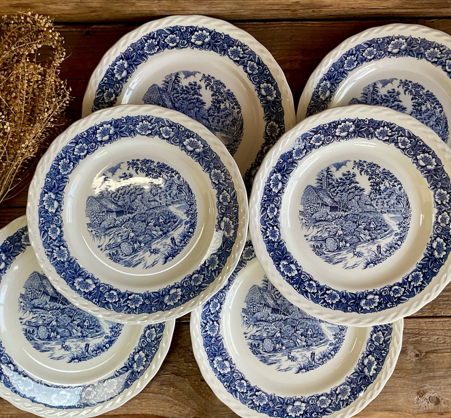 6 Staffordshire England “countryside” dinner plates