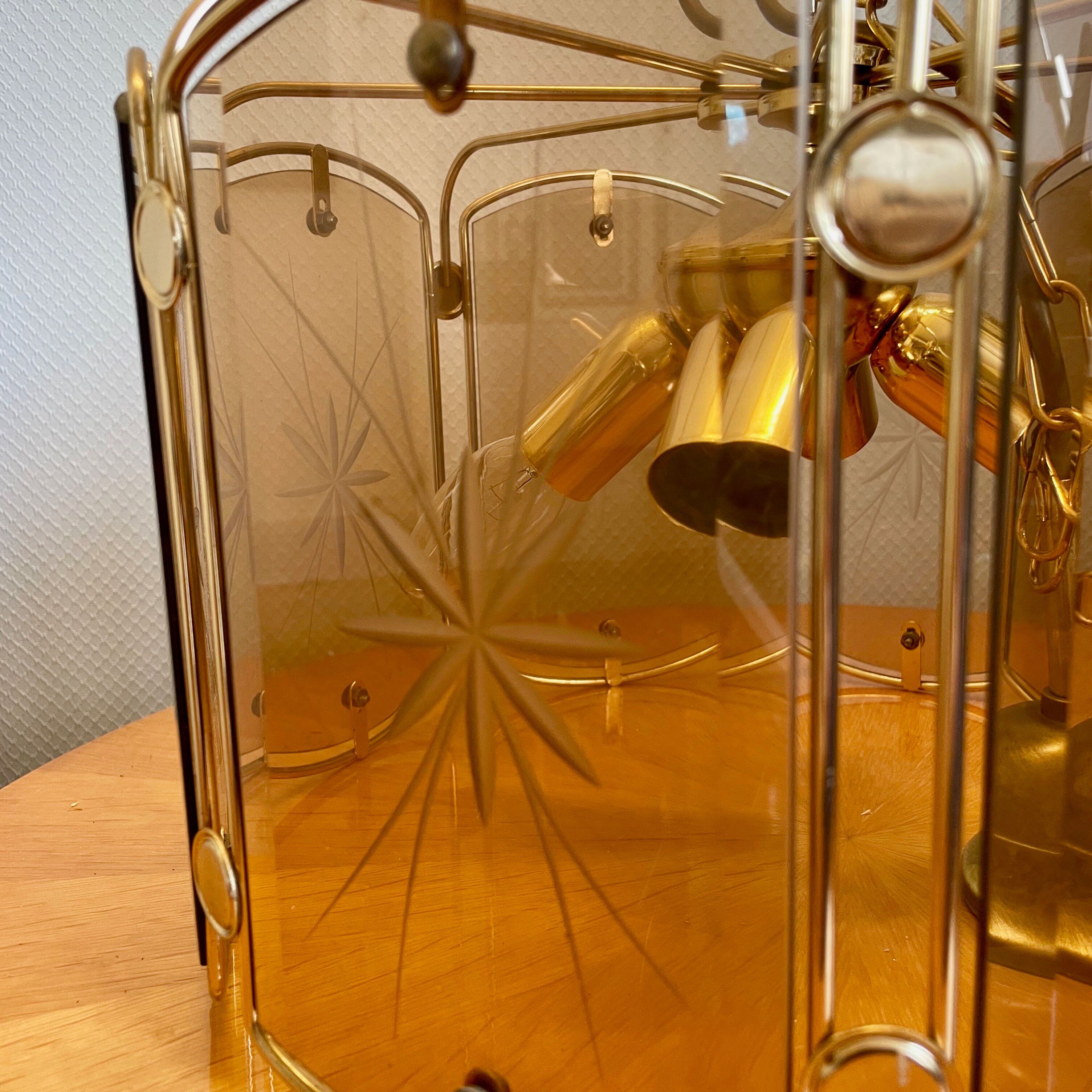 Suspension in smoked glass and vintage brass