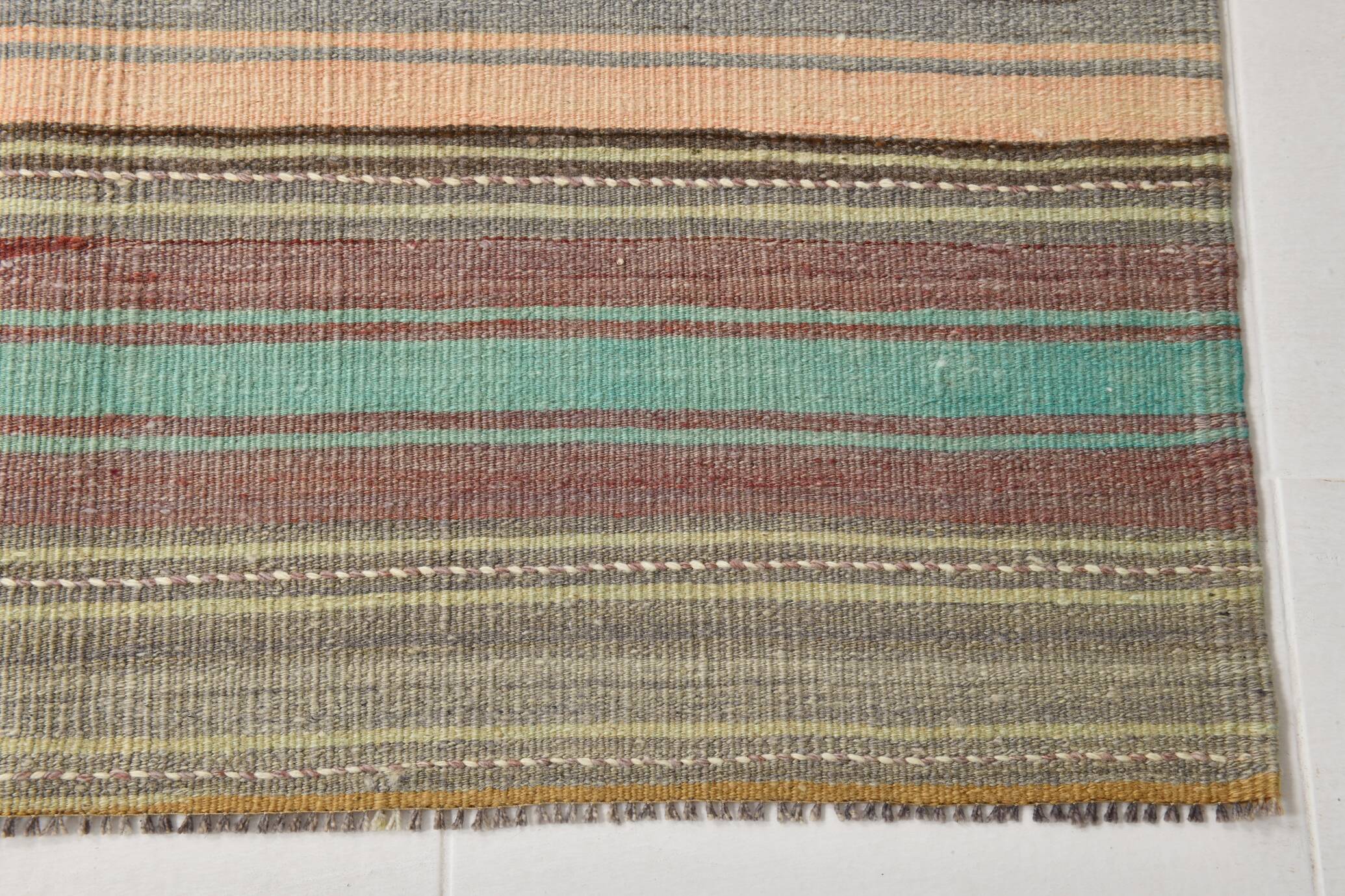 4x7 Pale Orange & Mint Green Striped Wool Kilim Rug, Washable Rug,126x210Cm