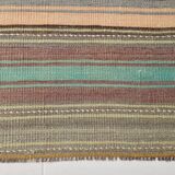 4x7 Pale Orange & Mint Green Striped Wool Kilim Rug, Washable Rug,126x210Cm