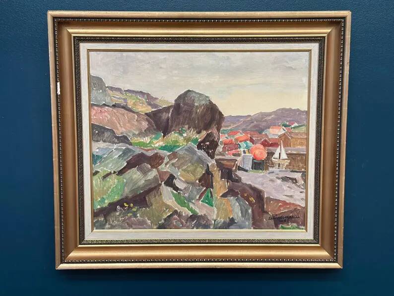 Original Swedish Oil on Canvas - 'The Dark Cliff' by Ellis Wallin - Signed - Dated 1962 - Vintage and Framed