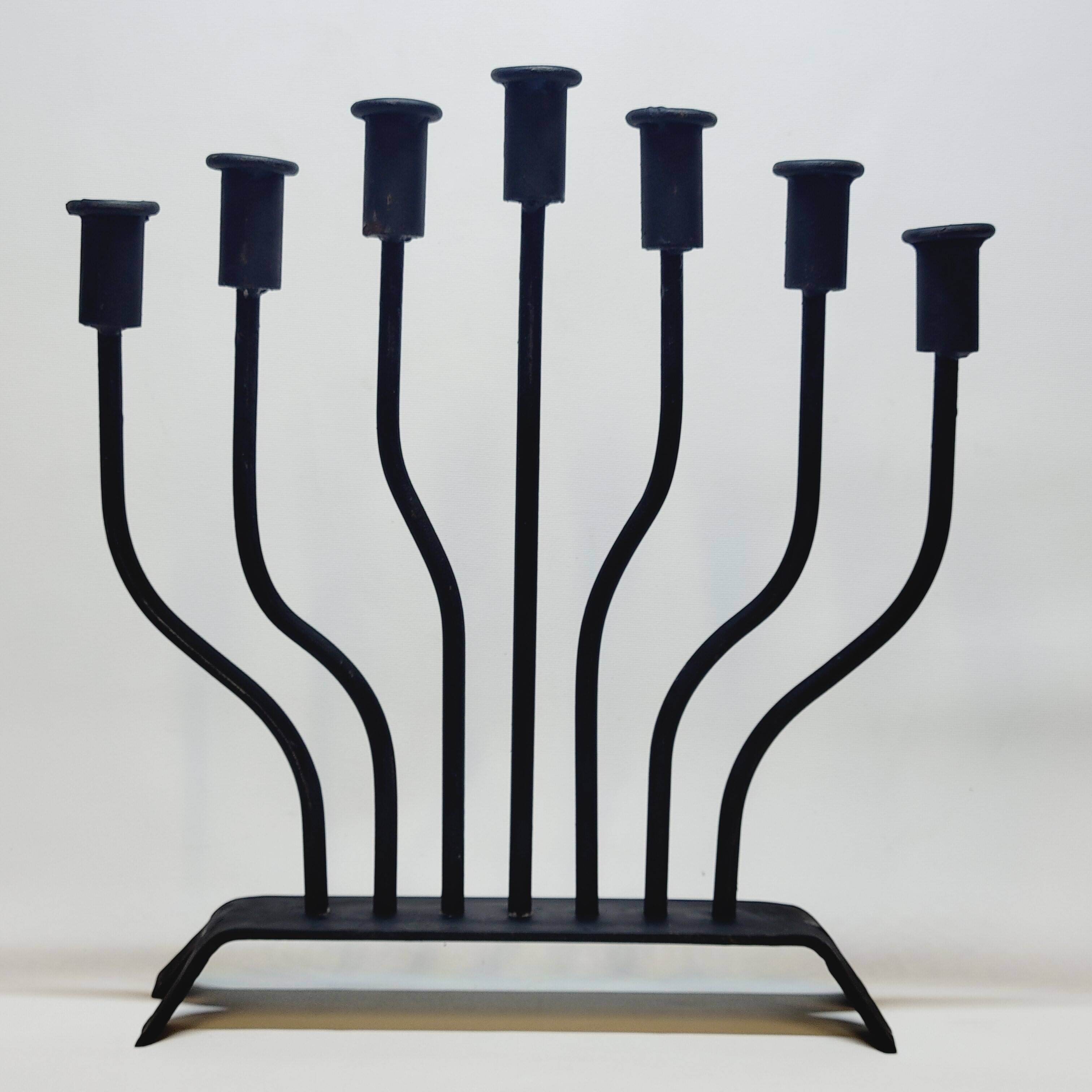 FOLK ART - JUDAICA Menorah Old Candlestick 7 arms of light in wrought iron