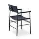 A pair of bar stools with a navy blue leather backrest and black rubber.