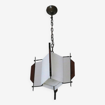 Italian string pendant light in milk glass, metal and teak with a brass chain, 1950-60