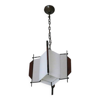 Italian string pendant light in milk glass, metal and teak with a brass chain, 1950-60