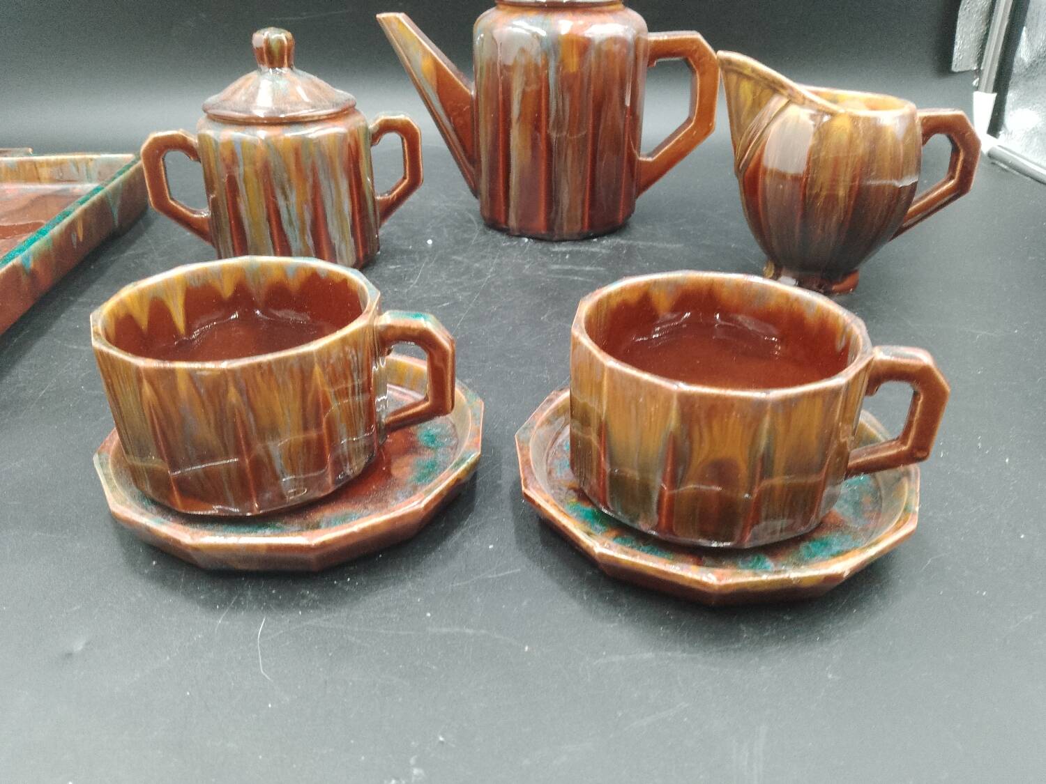 Tête-à-tête coffee service in Puisaye stoneware signed Louis Cagnat, Art Deco