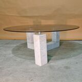 Post modern Carrara marble coffee table with glass top, Italy 1980s