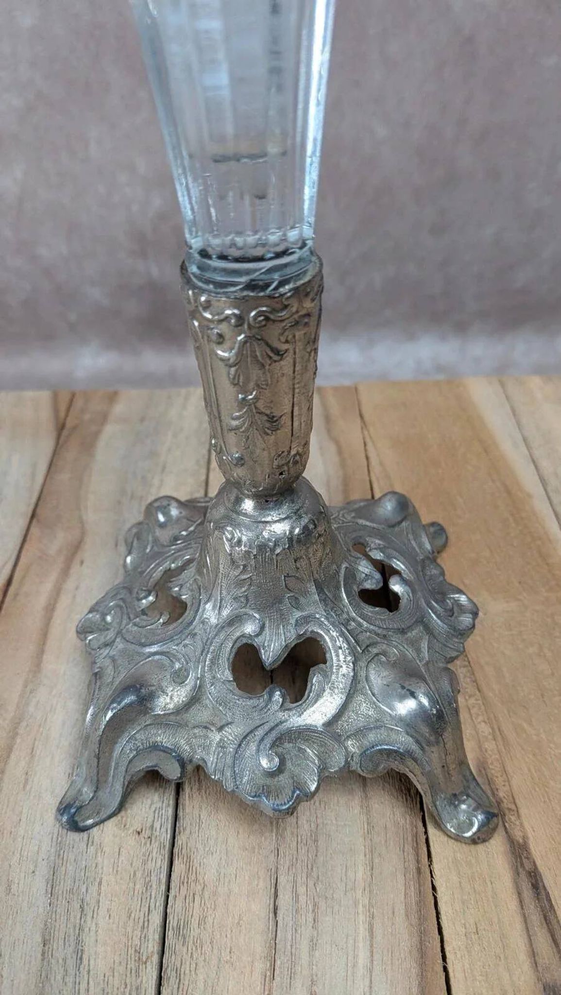 Vintage pressed glass tulip vase on silver-plated metal stand – centrepiece