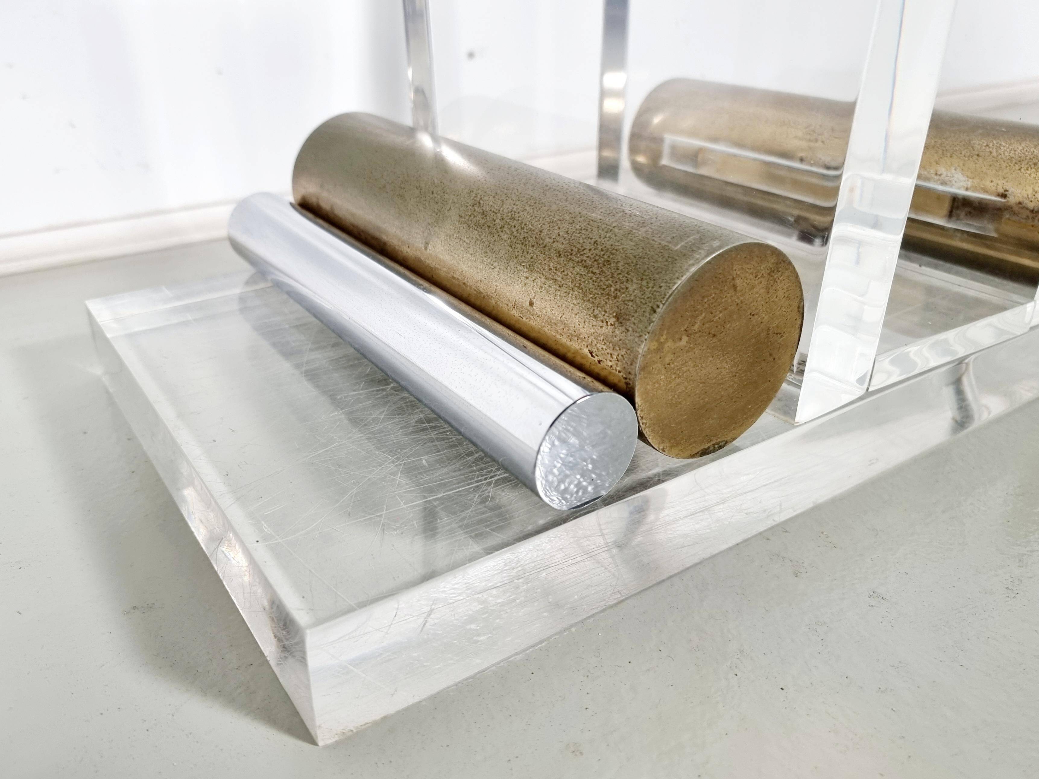 Console table by Charles Hollis Jones in lucite, brass, and glass, 1970.