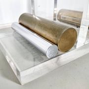 Console table by Charles Hollis Jones in lucite, brass, and glass, 1970.