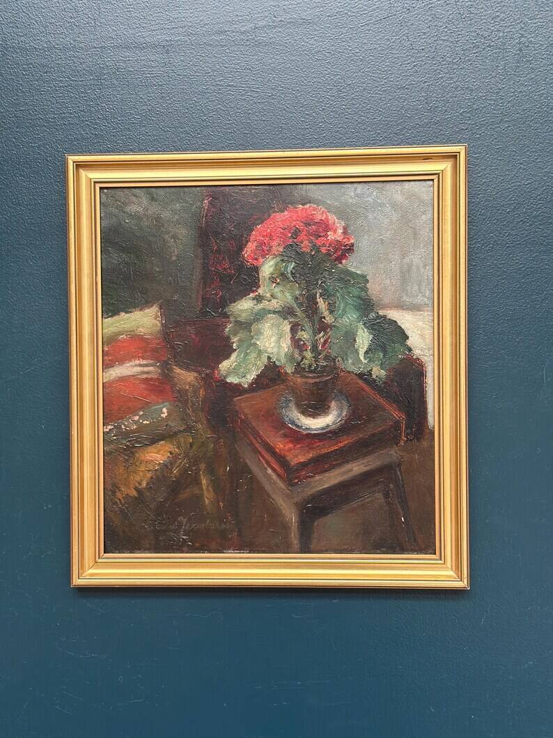 Original Swedish Oil on Panel - "Cineraria i Kruka" by Elna Jacobsson - Signed - Vintage and Framed - 48 × 43.5 cm (18.9" × 17.1")