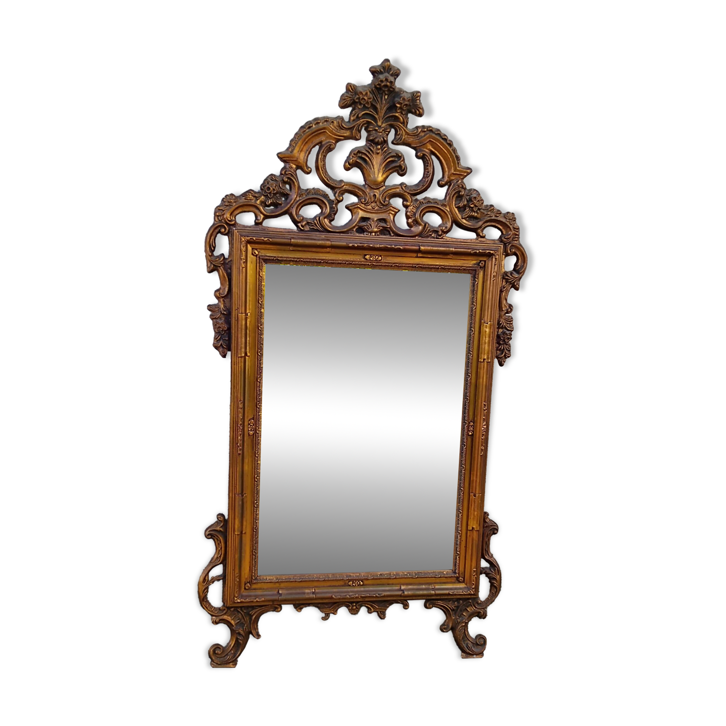 Old large Louis XV style mirror, stucco, wood, resin, beveled
