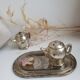 Set three pieces salt shaker and pepper teapots miniature teapots