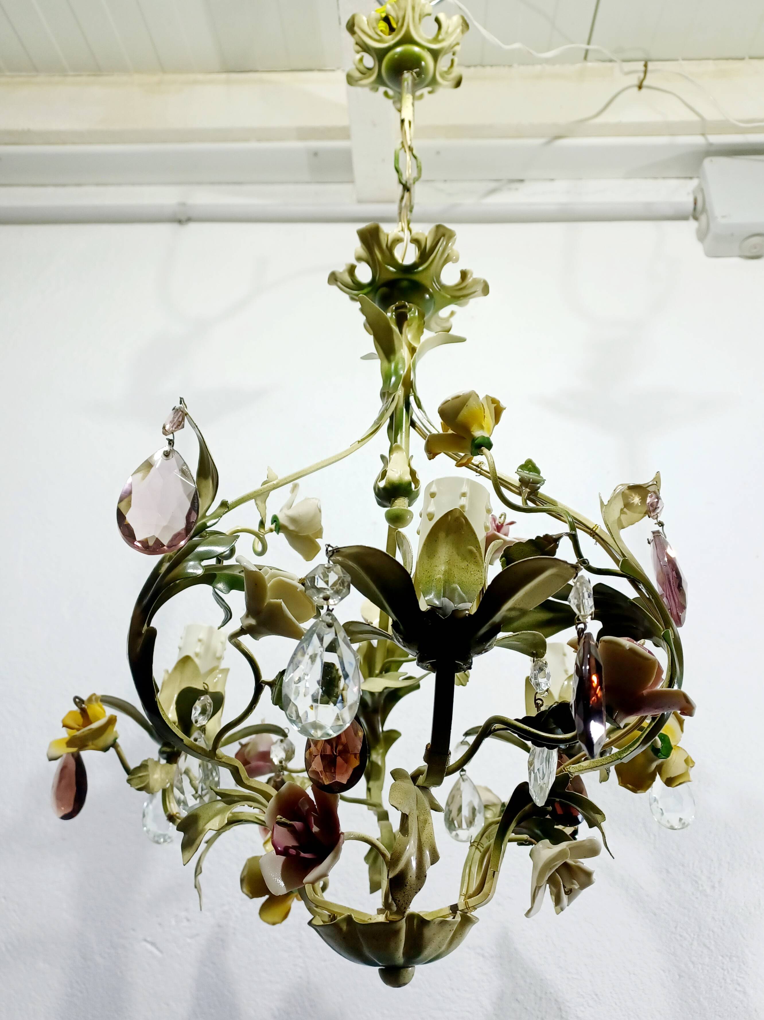 Wrought iron and porcelain chandelier