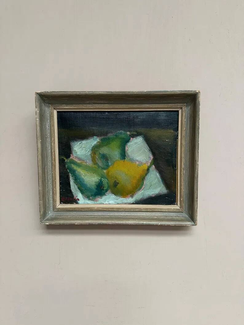 Swedish Original Oil on Panel – "Pears" by Elfrén – Signed – Vintage and Framed