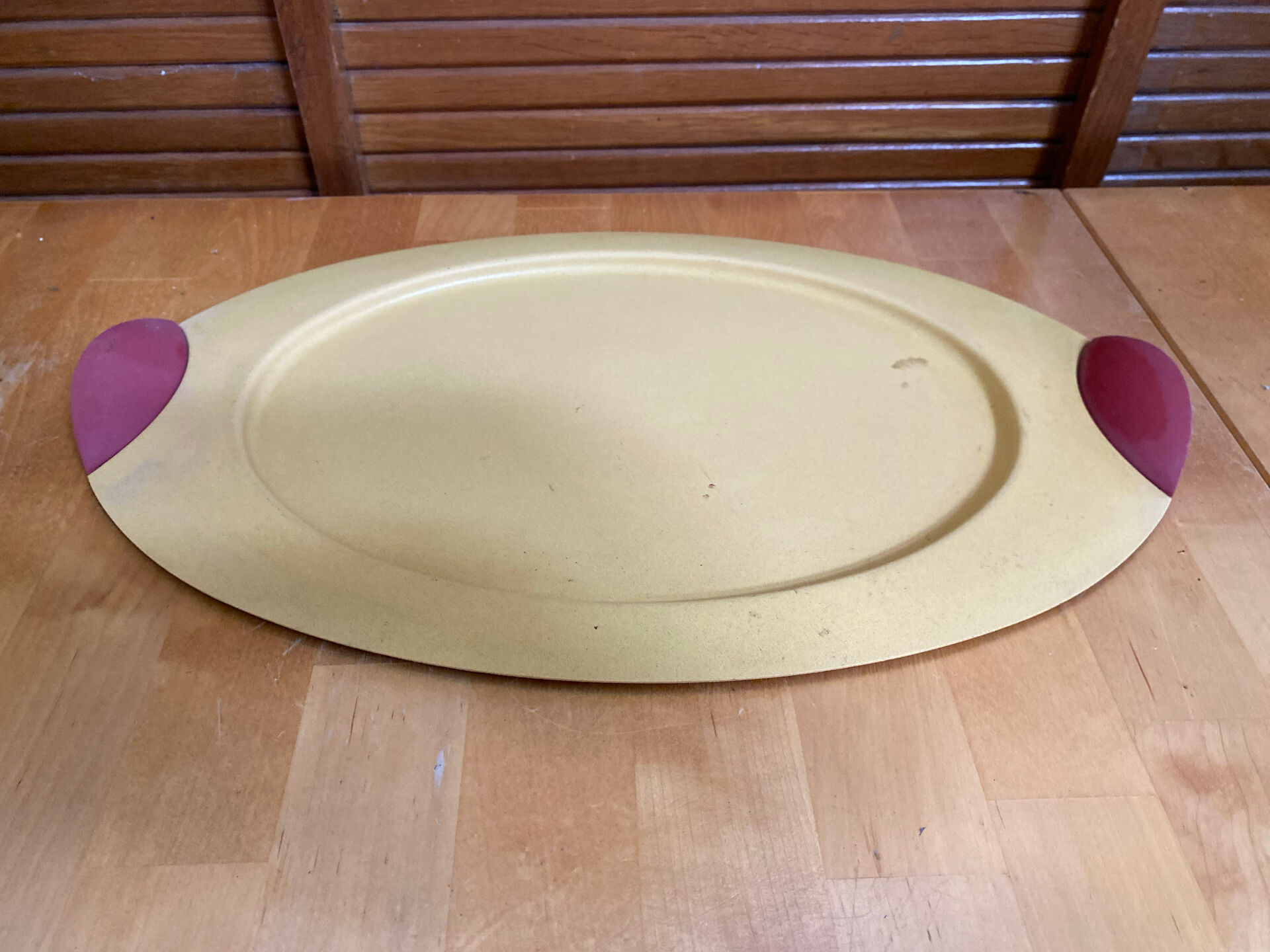 Vintage Yellow Lacquered Metal Tray with Red Plastic Handles