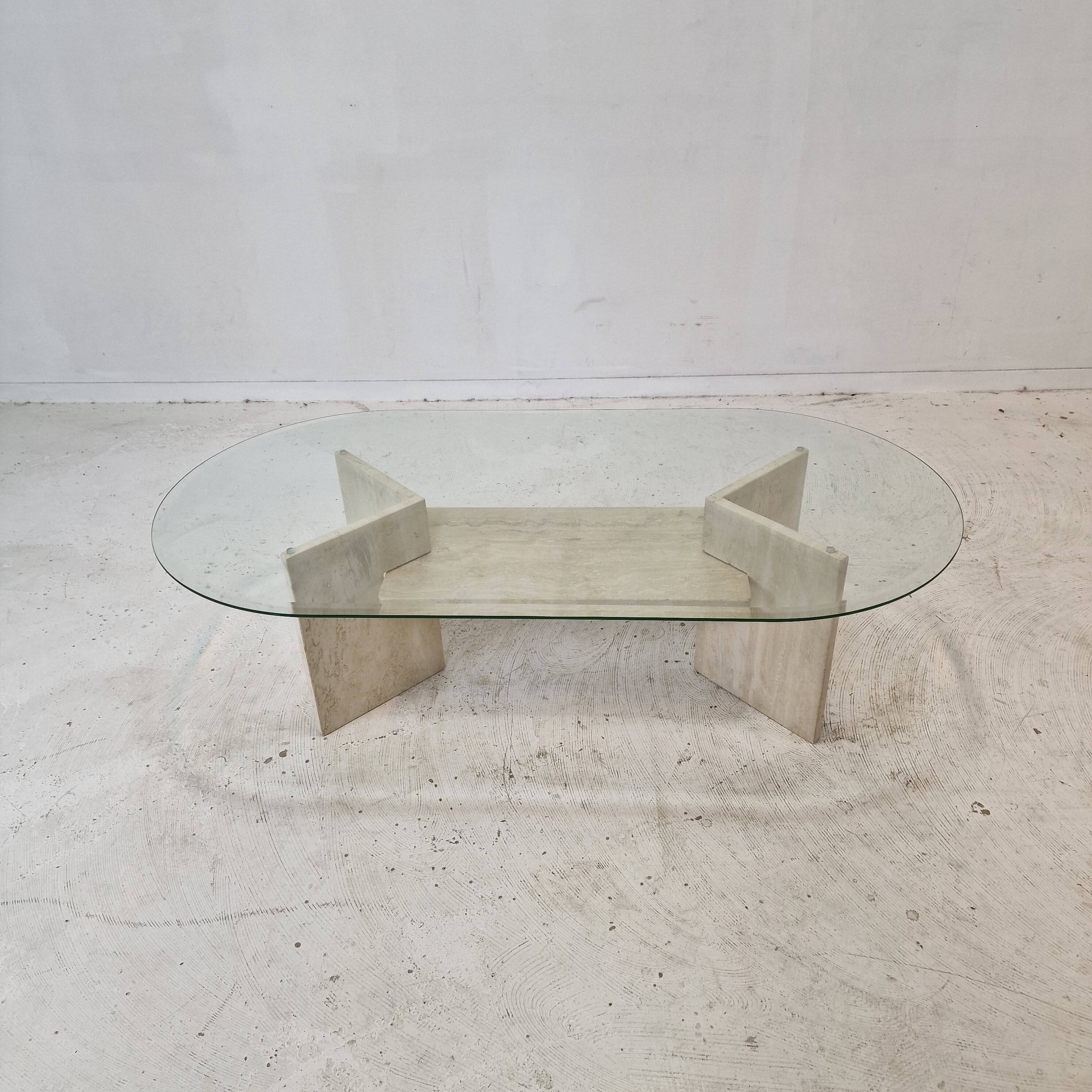 Italian Coffee Table in Travertine and Facet Cut Glass, 1980s