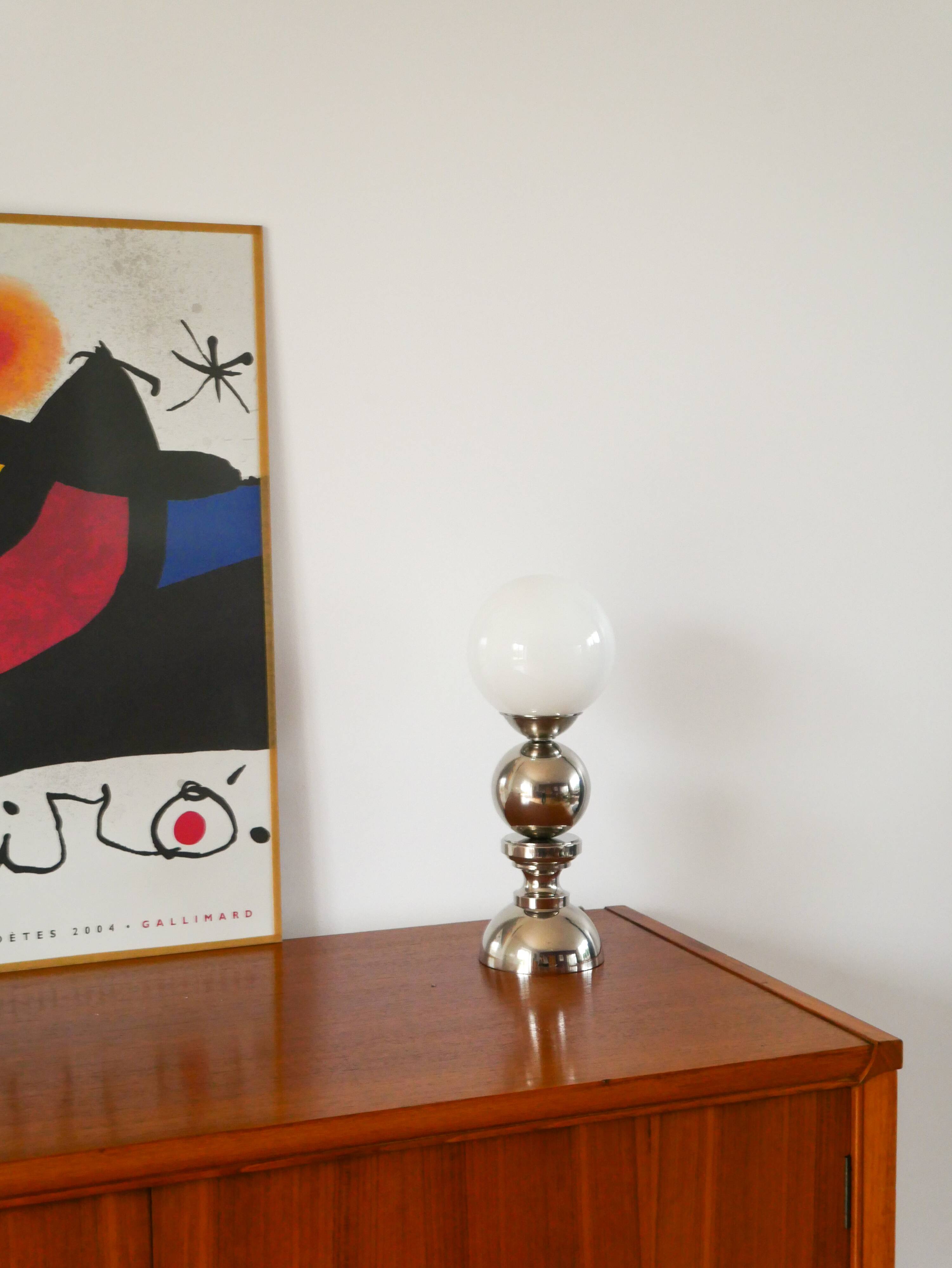 Chromed metal lamp and opaline globe, Space Age Design, 1970