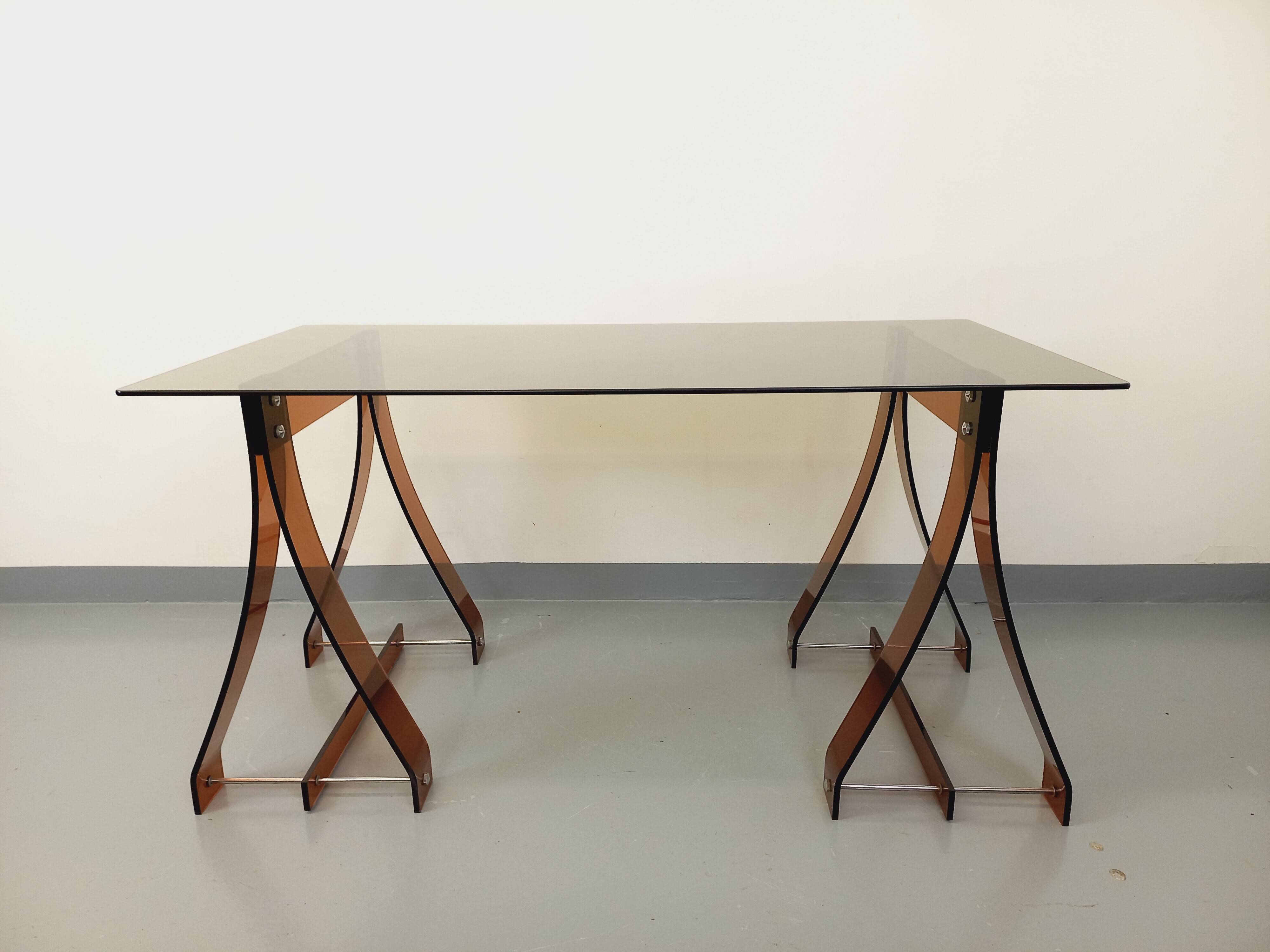 Vintage Marcello Gacita and Pierre Tiberi desk in smoked glass and plexiglass