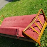 Vintage Scandinavian sofa 60-70s wood and red fabric