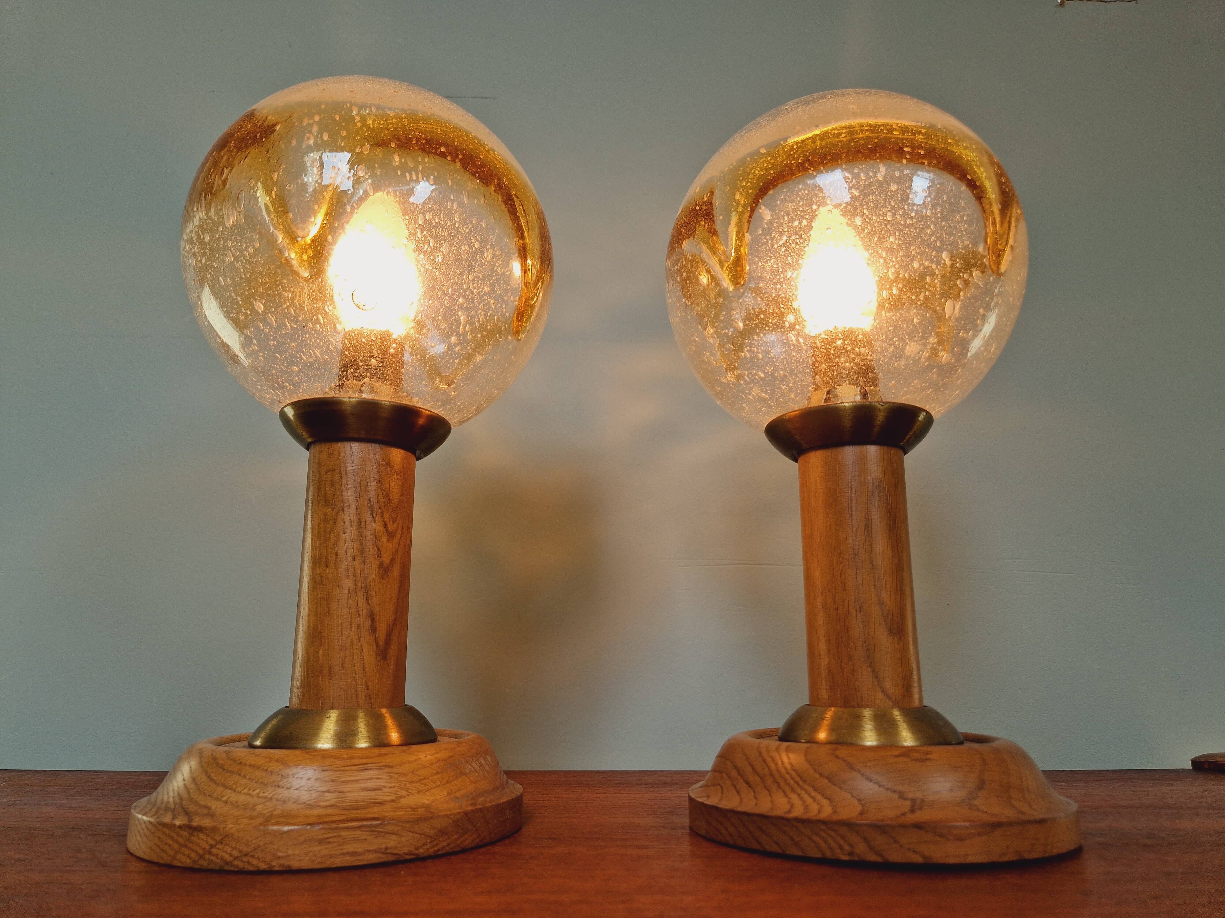 Pair of wooden and blown glass lamps, Honsel Leuchten, 1970s