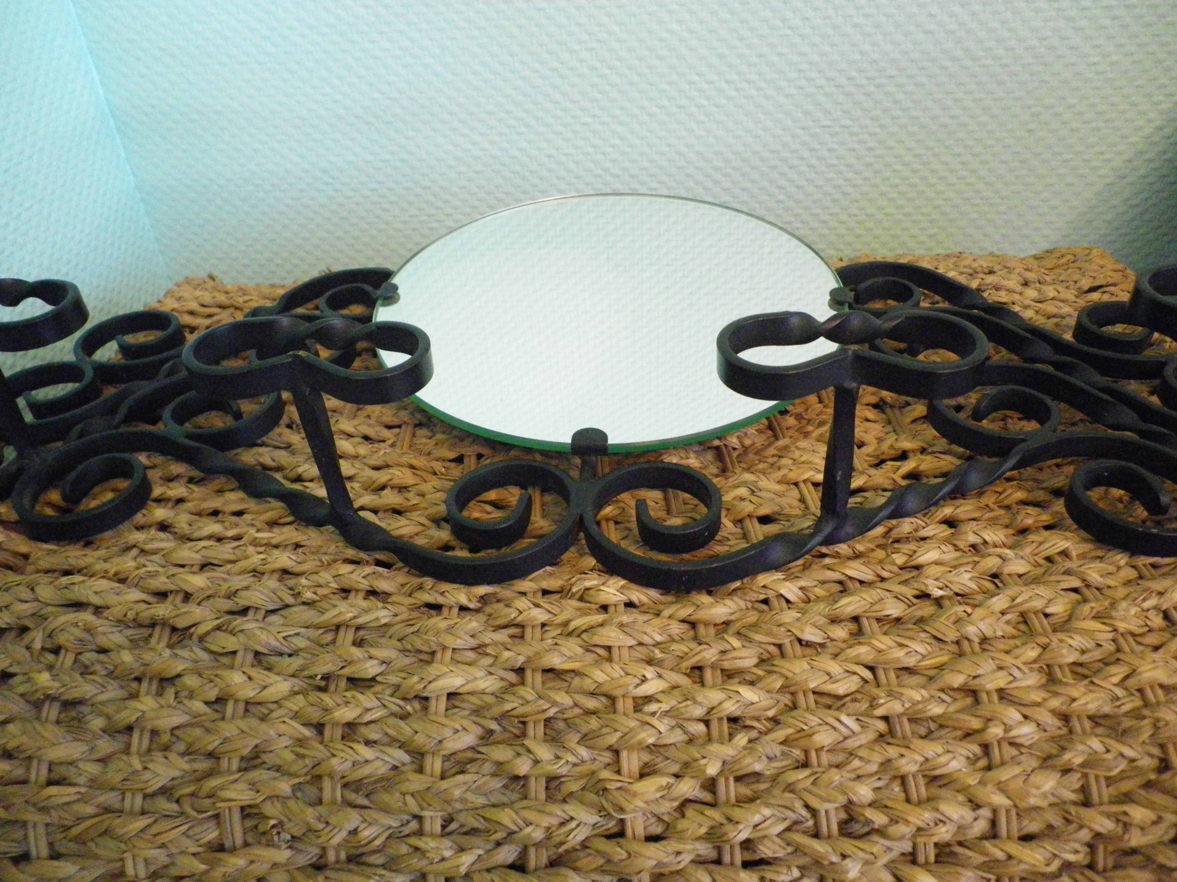 Vintage wall coat rack with mirror, 4 hooks, wrought iron