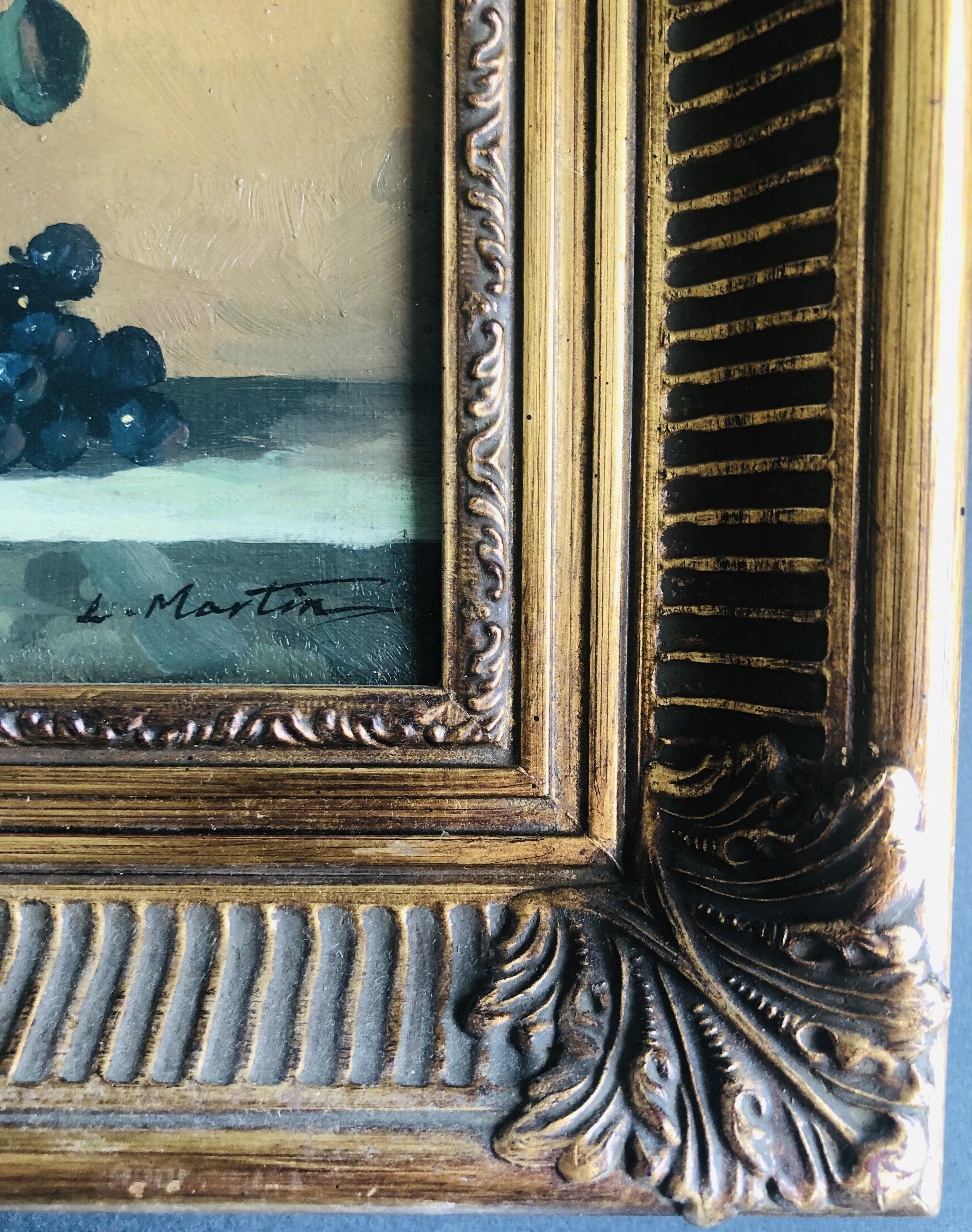 Oil on canvas still life with flowers and grapes