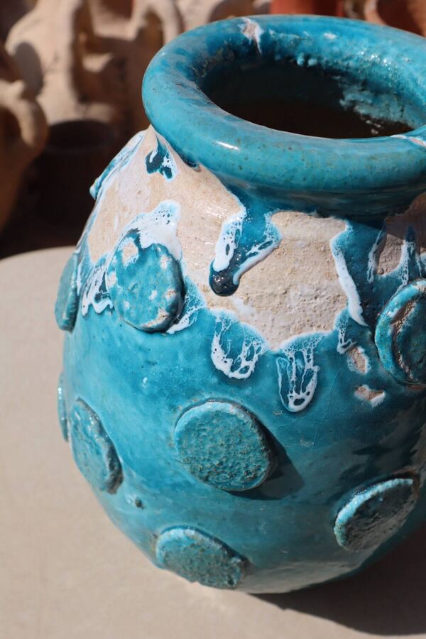 Vase / Cache Pot en Tamegroute bleu Turquoise Émaillé wabi-Sabi