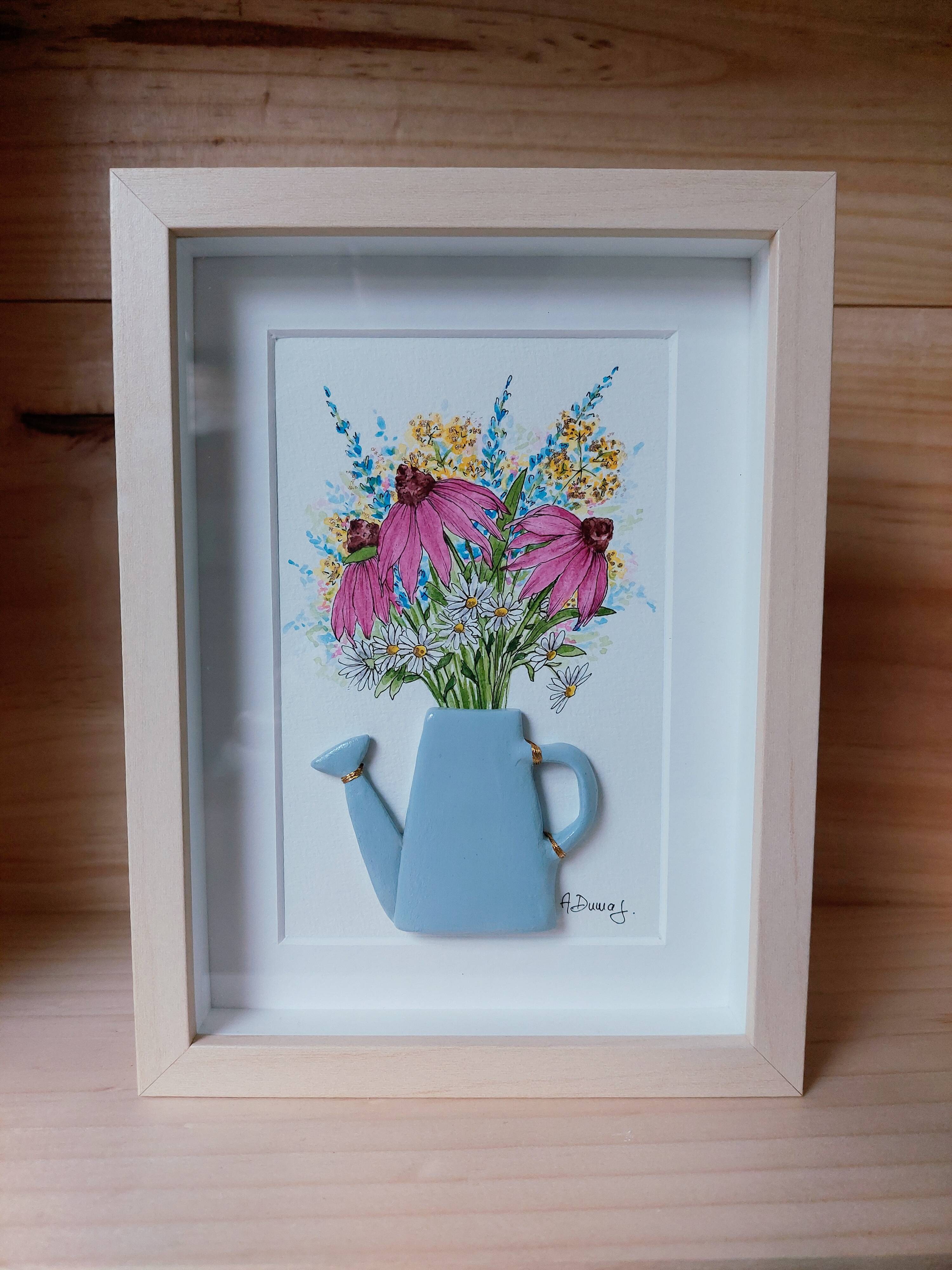 Composition of a bouquet of watercolor garden flowers in a handmade clay watering can