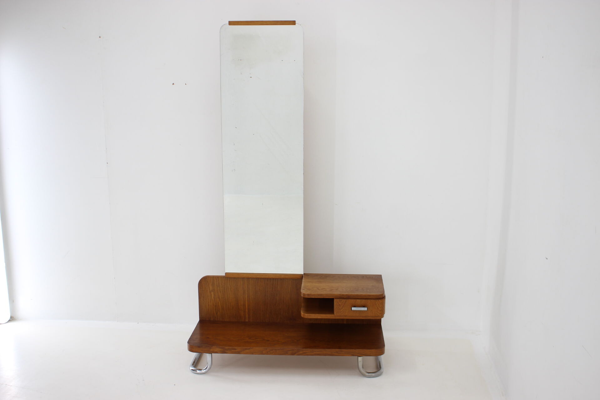1950s Set of  Oak Bauhaus Mirror Cabinet and Bedside Tables, Czechoslovakia
