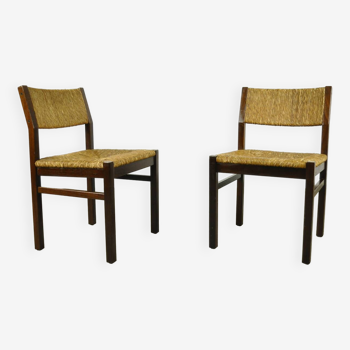 Ensemble de 2 chaises à repas vintage avec assise en roseau par Pastoe, 1970