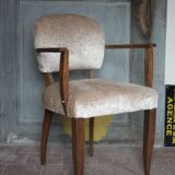 Pair of bridge chairs in wood and powder pink satin-effect fabric, Art Deco style