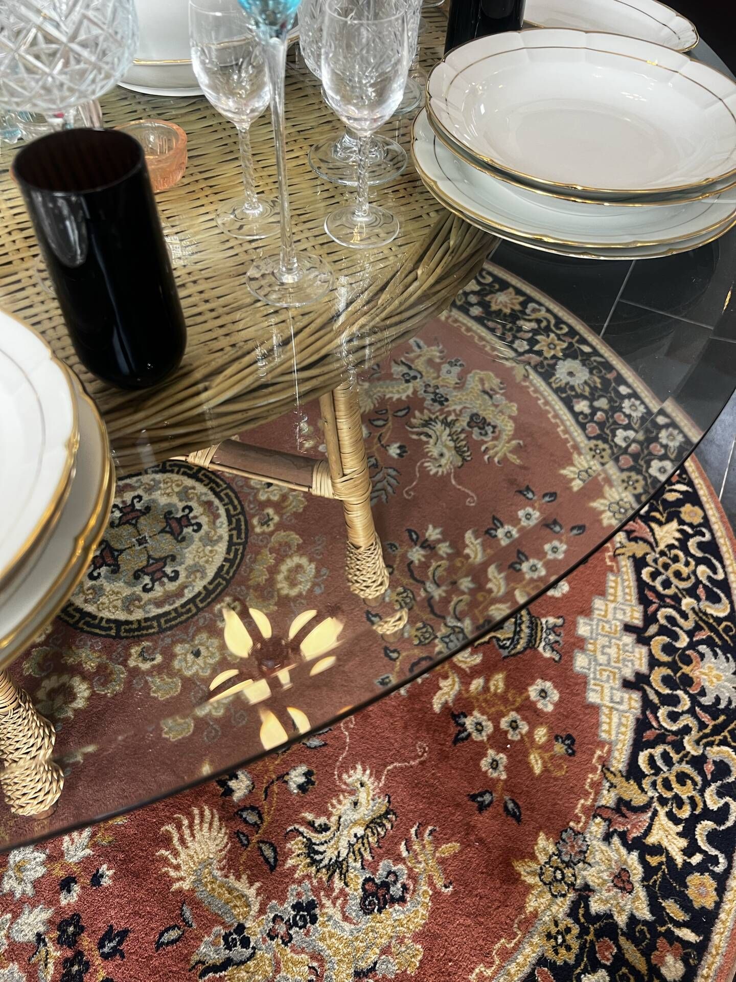 Dining table rattan/wicker/glass 1960 - vintage chic