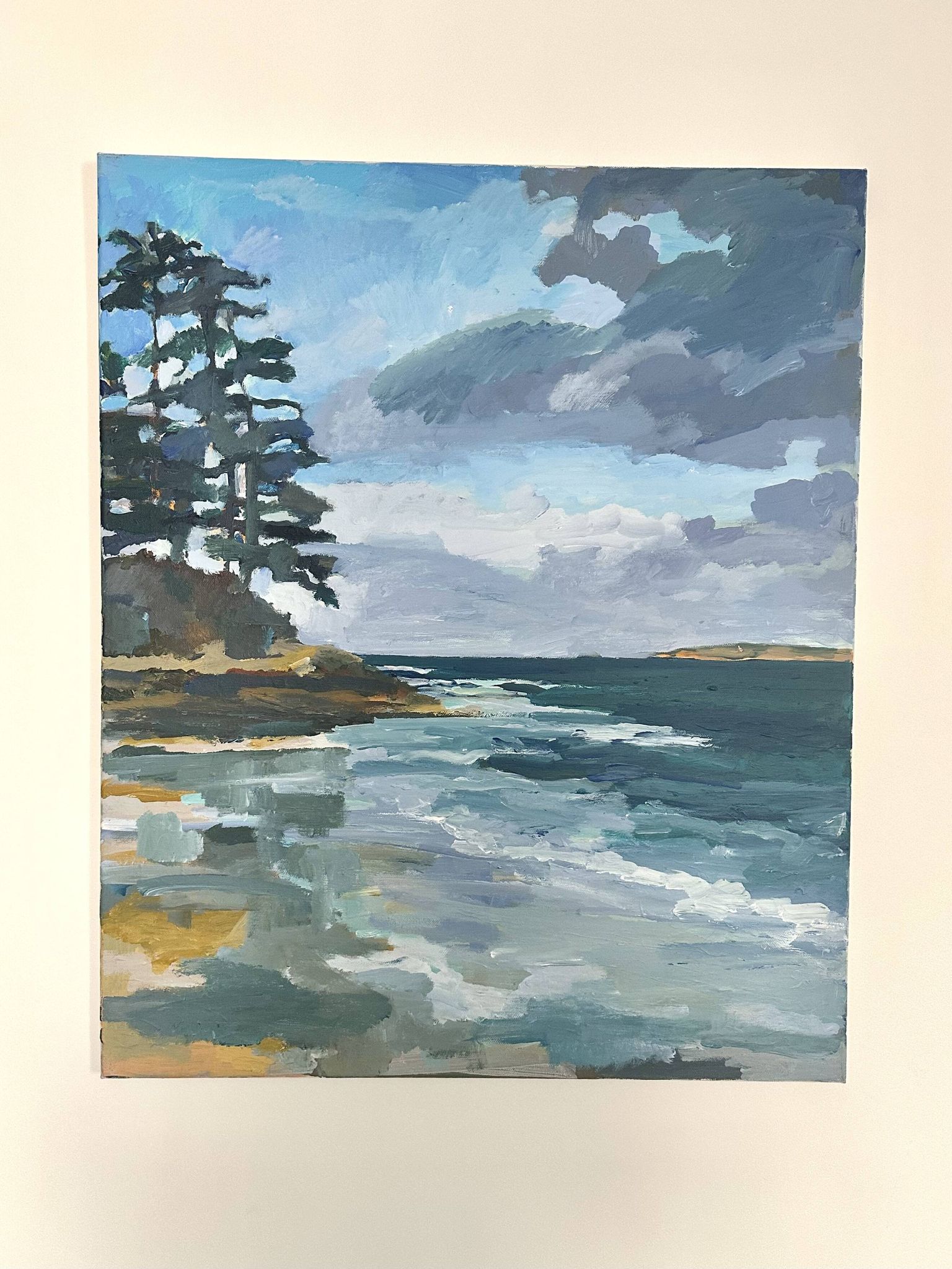 Huile sur toile côte rocheuse sous un ciel d’orage