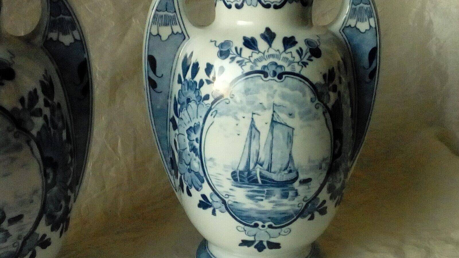 Pair of delft earthenware vases from holland with marine boat decor