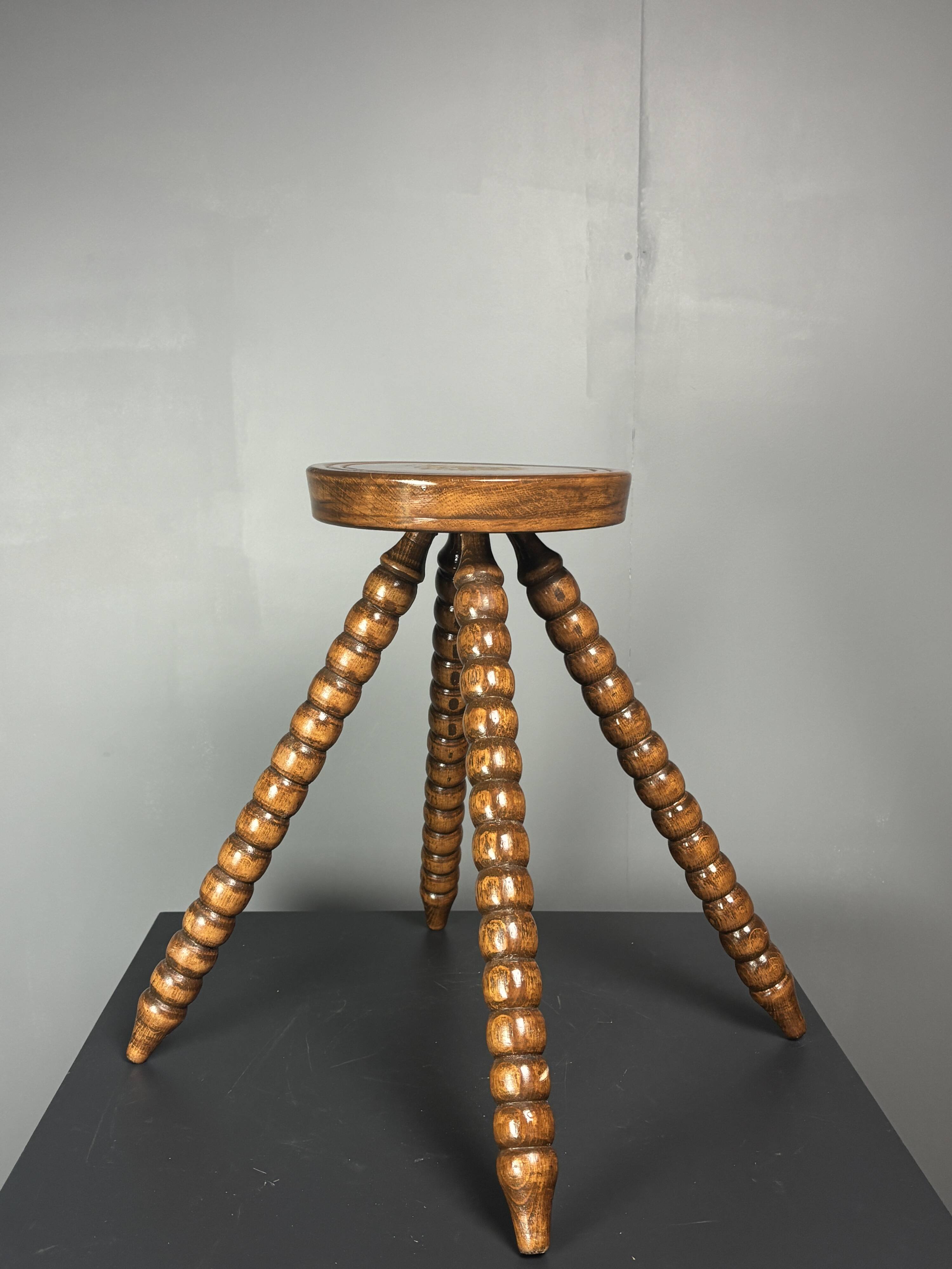 Midcentury bobbin wood turned farm house stool, France ca 1960s