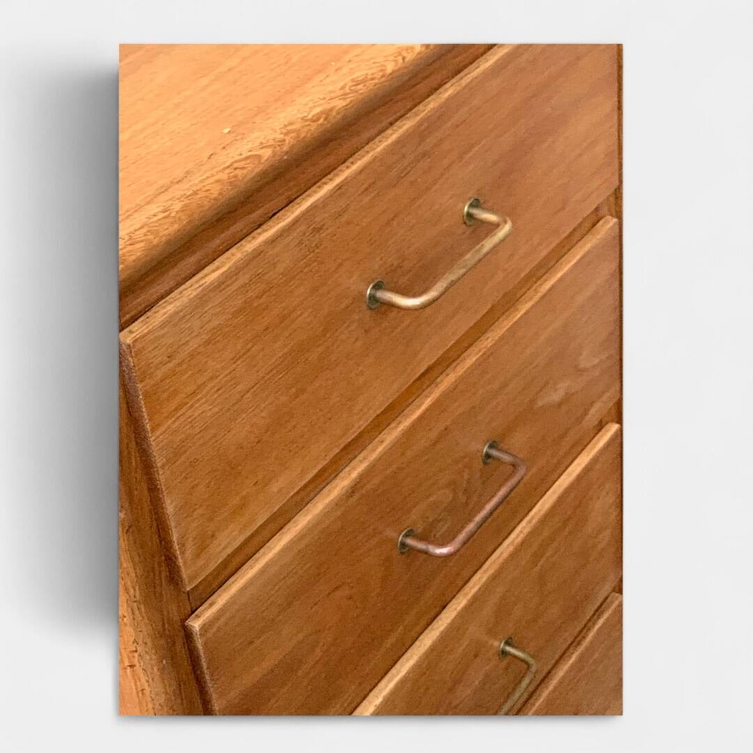 Chest of drawers with compass feet, raw wood, 1950s