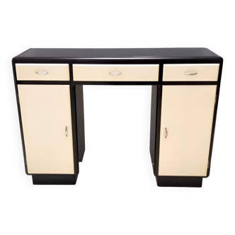 Rationalist Black and Ivory Entryway Console Table with Black Glass Top, Italy