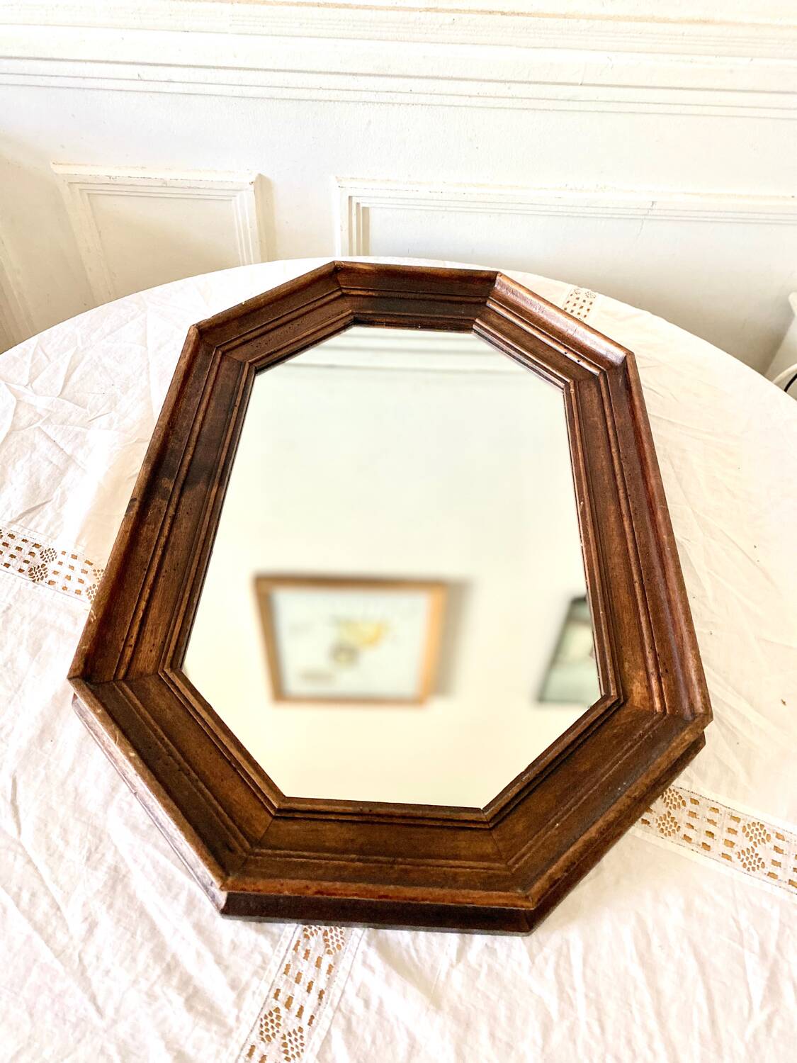 Vintage dark wood octagonal mirror