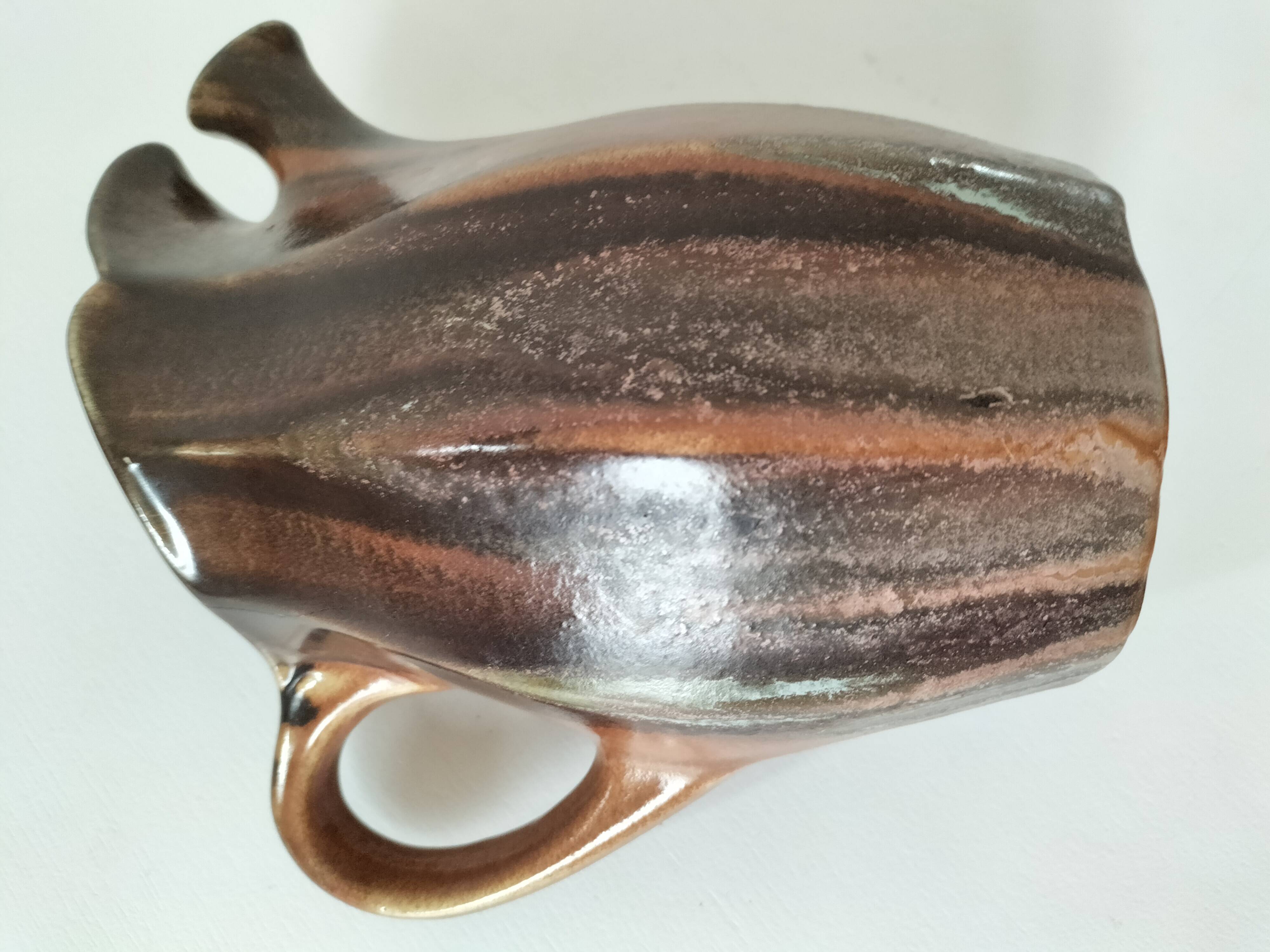 Vintage Belgian ceramic sculptural pitcher in chocolate brown.