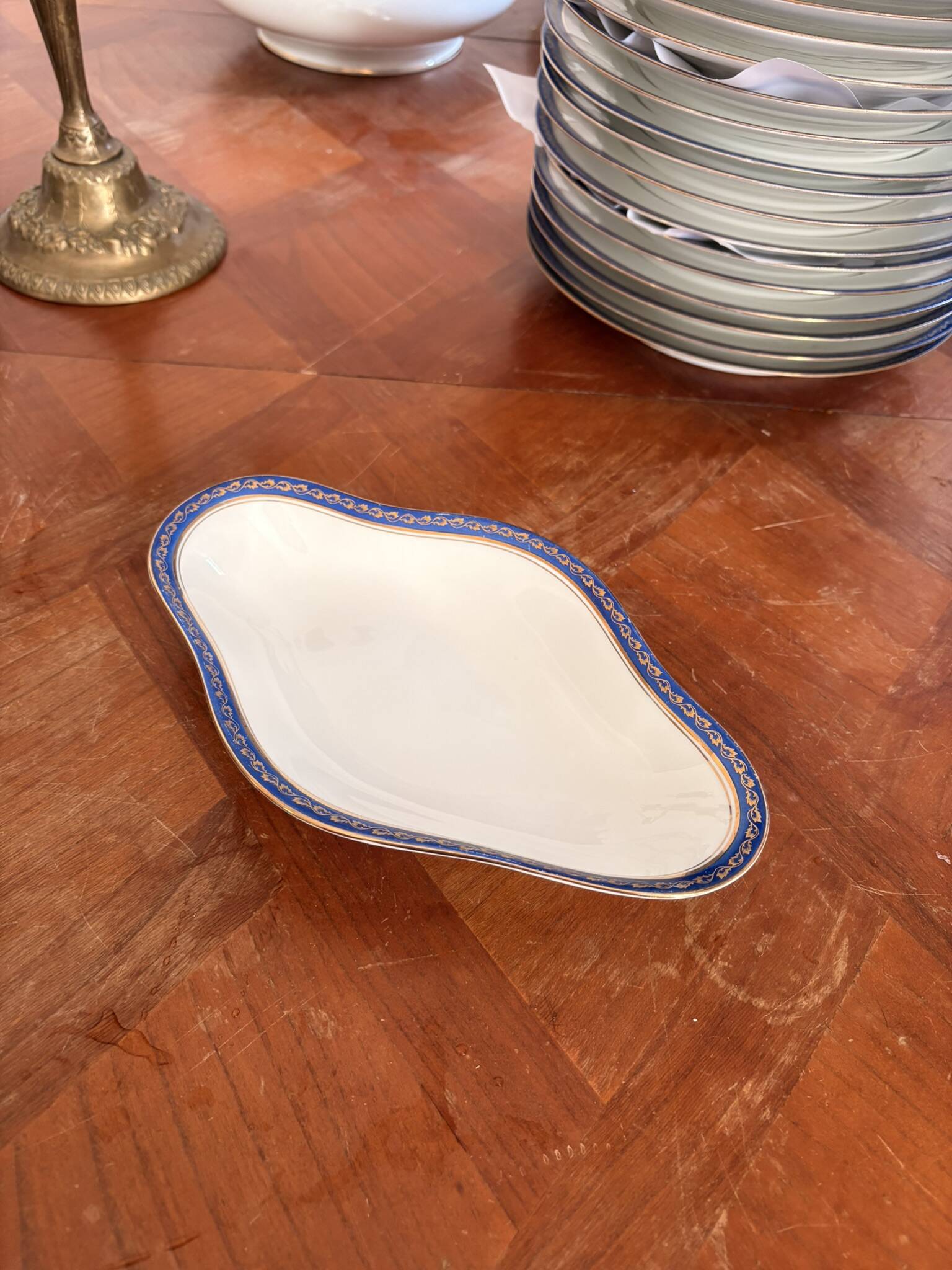 Plate, Ramekin, Salad Bowl 23cm, Limoges Porcelain, Blue and Gold, Betoule
